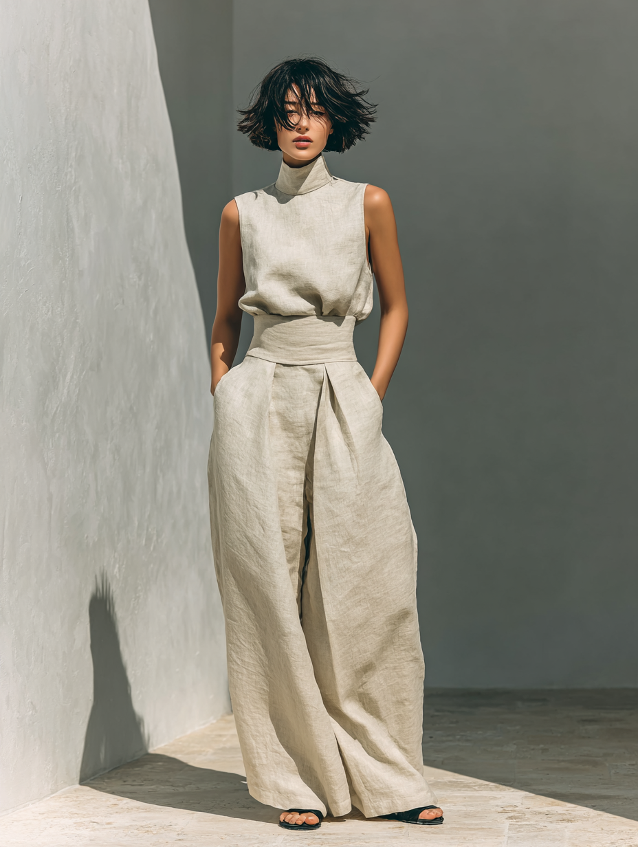 Maria - Conjunto de top sin mangas y pantalón ancho de algodón y lino minimalista para mujer