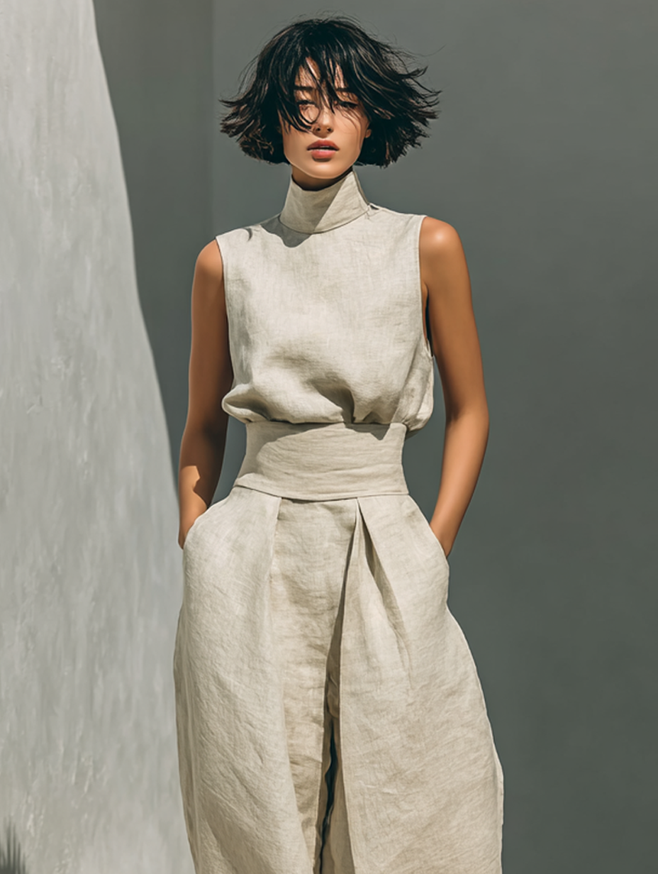 Maria - Conjunto de top sin mangas y pantalón ancho de algodón y lino minimalista para mujer