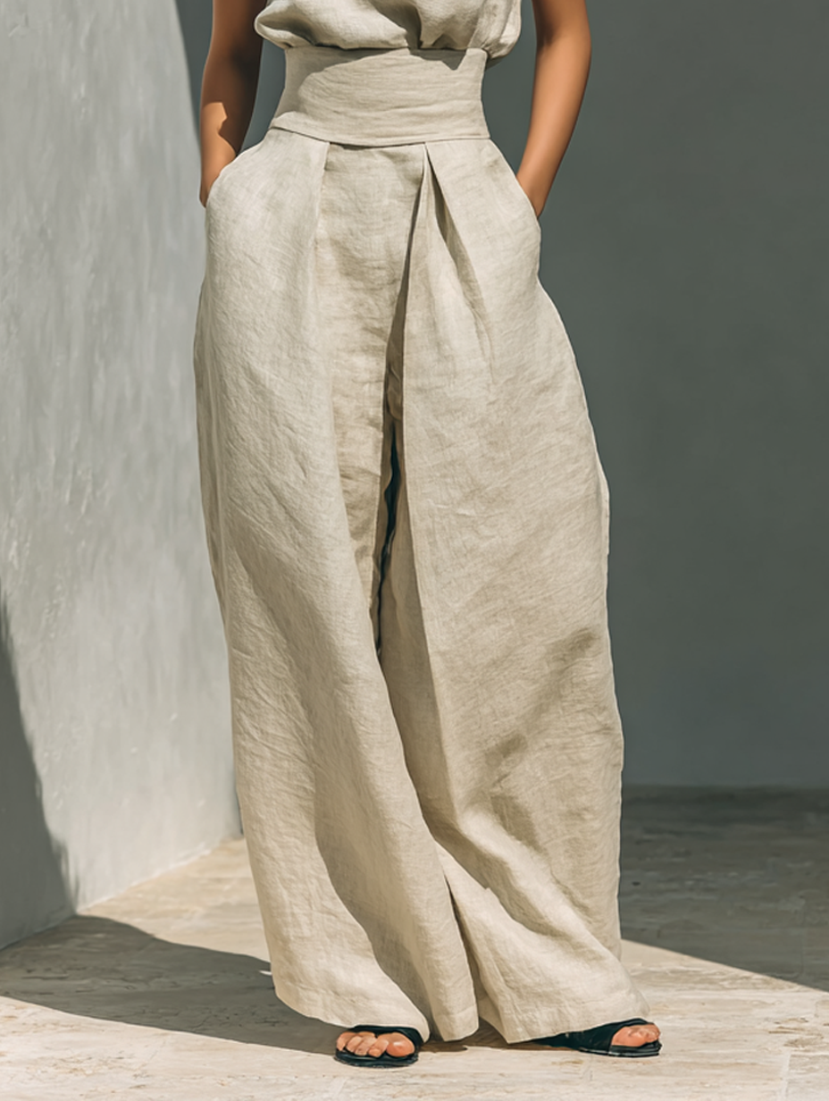 Maria - Conjunto de top sin mangas y pantalón ancho de algodón y lino minimalista para mujer