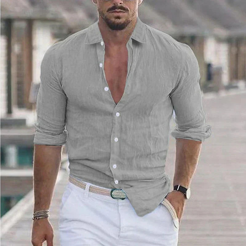 Camisa de lino para hombre con cuello de solapa