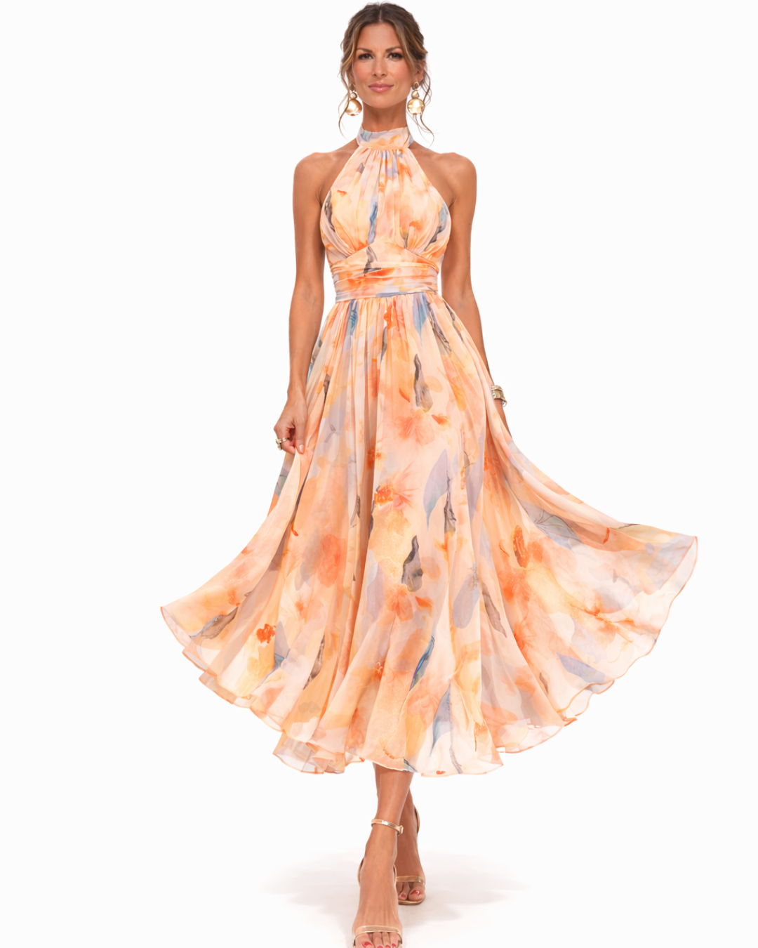 Aurora – Vestido con escote halter y estampado acuarelado