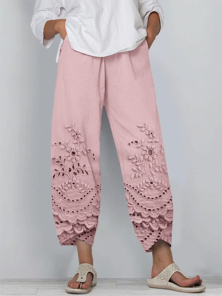 Verena - Pantalones Sueltos de Encaje Floral de Color Sólido