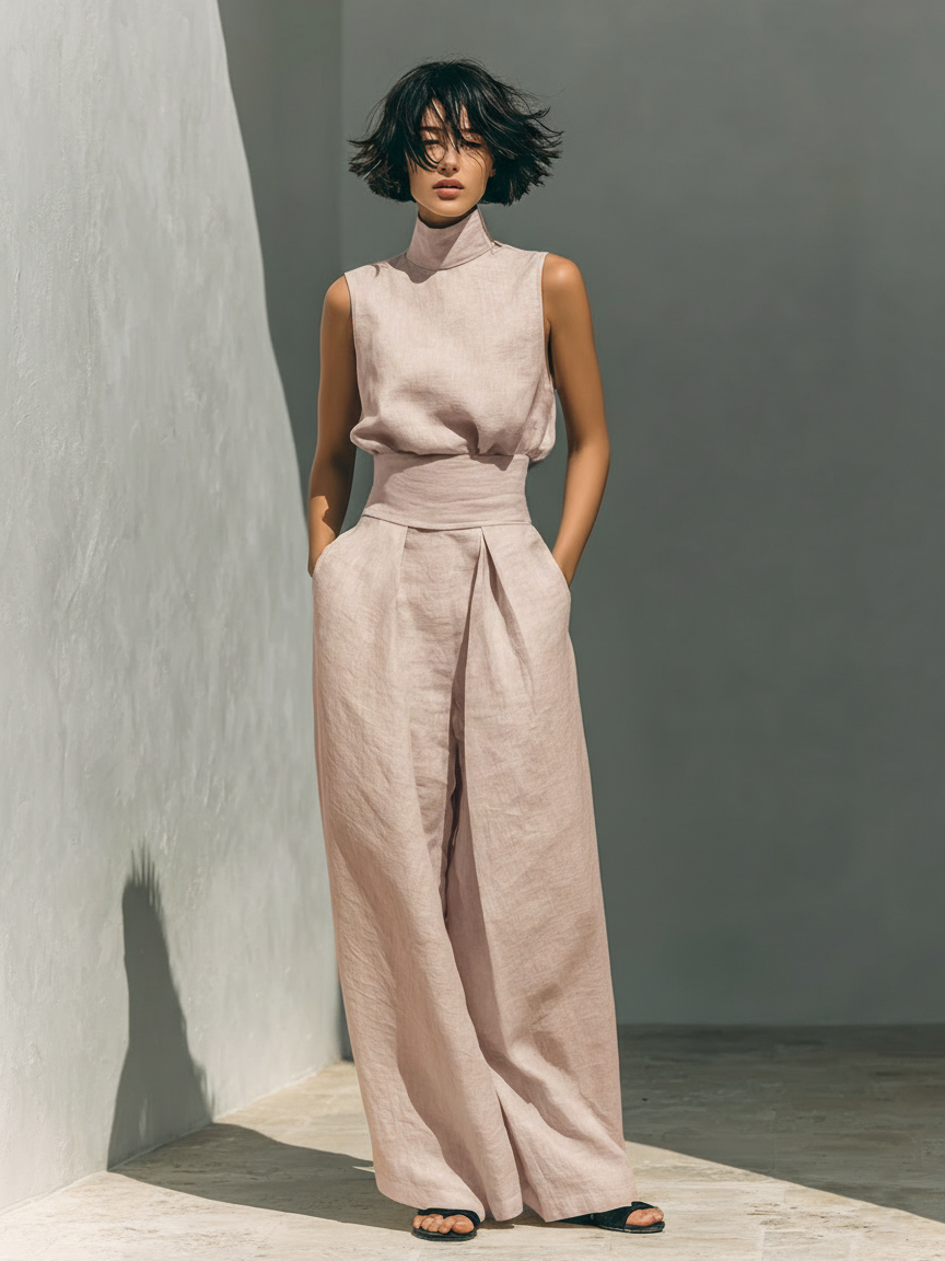 Maria - Conjunto de top sin mangas y pantalón ancho de algodón y lino minimalista para mujer
