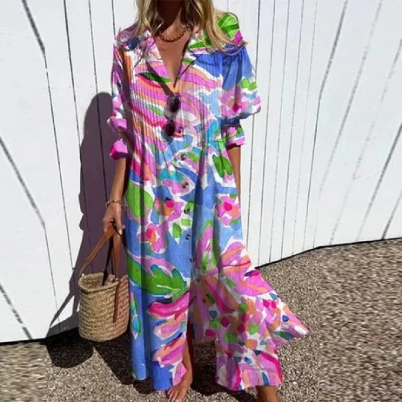 Cassidy | Vestido Maxi Boho de Manga Abullonada