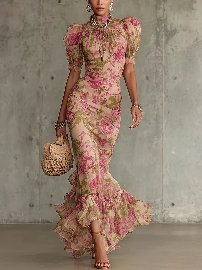 Fiora | Vestido largo con un estampado de rosas vintage y mangas abullonadas