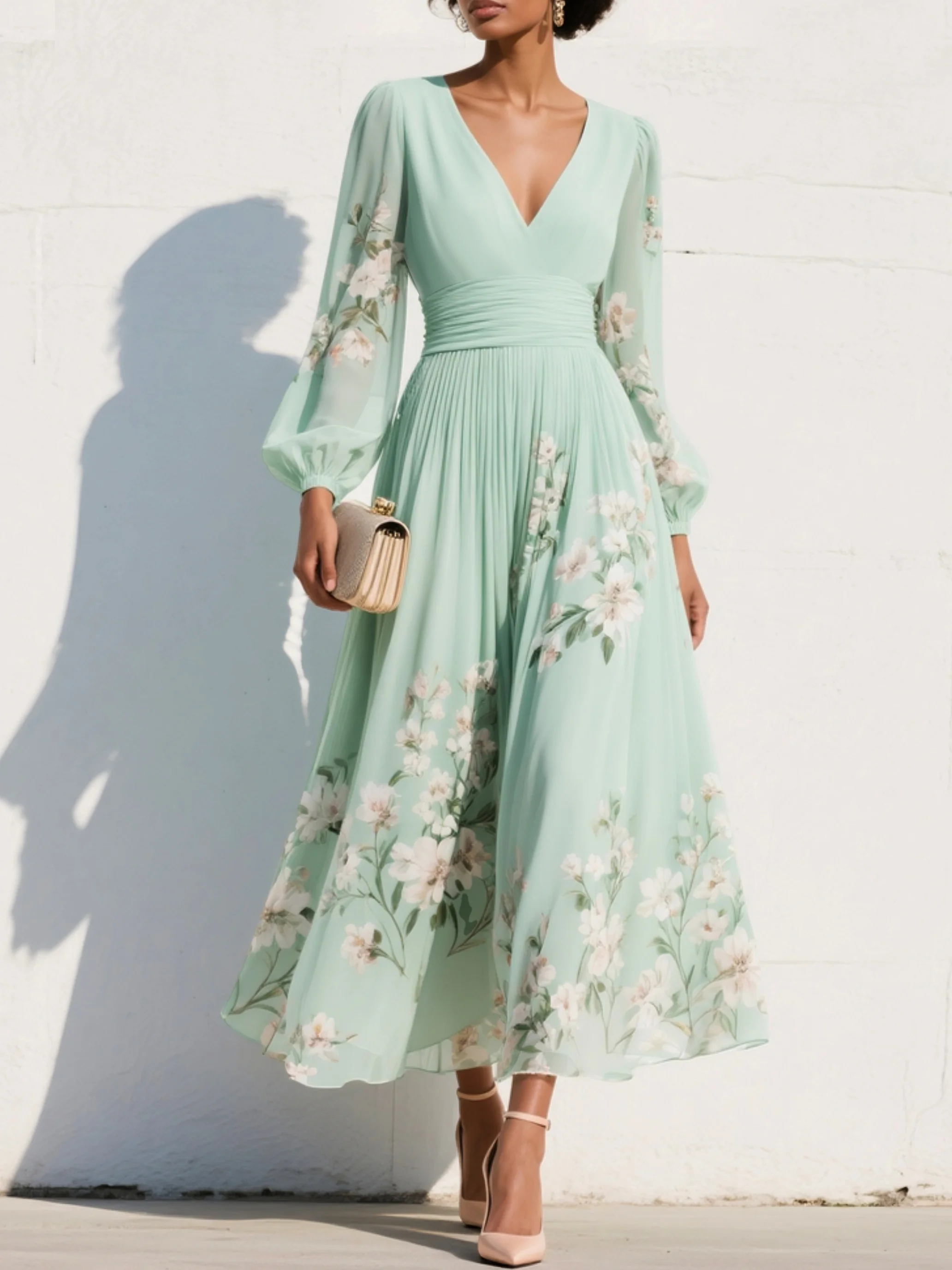 Vestido midi verde claro con escote en V de gasa con flores