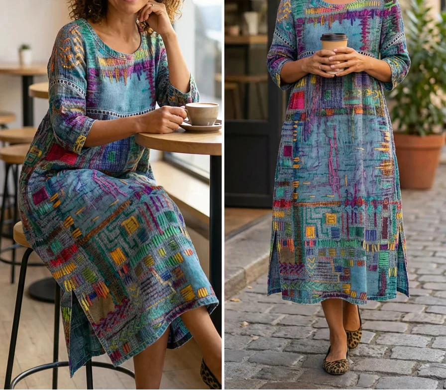 Eryn™ - Vestido Colorido con Patchwork Étnico