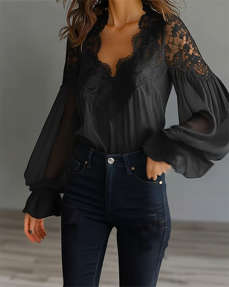Blusa de Gasa Elegante con Escote de Encaje