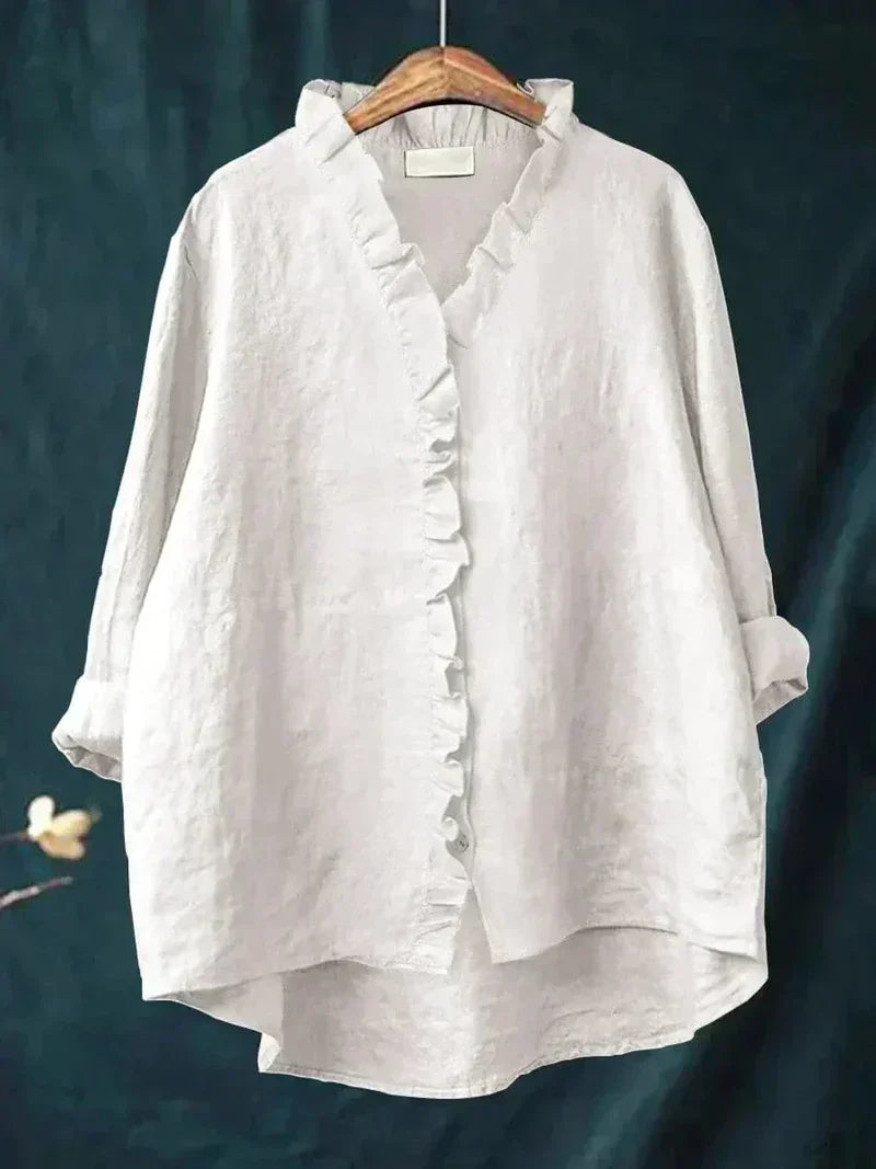 Paula™ | Blusas para mujeres con mangas largas y cierre de botones con cuello en V con volantes