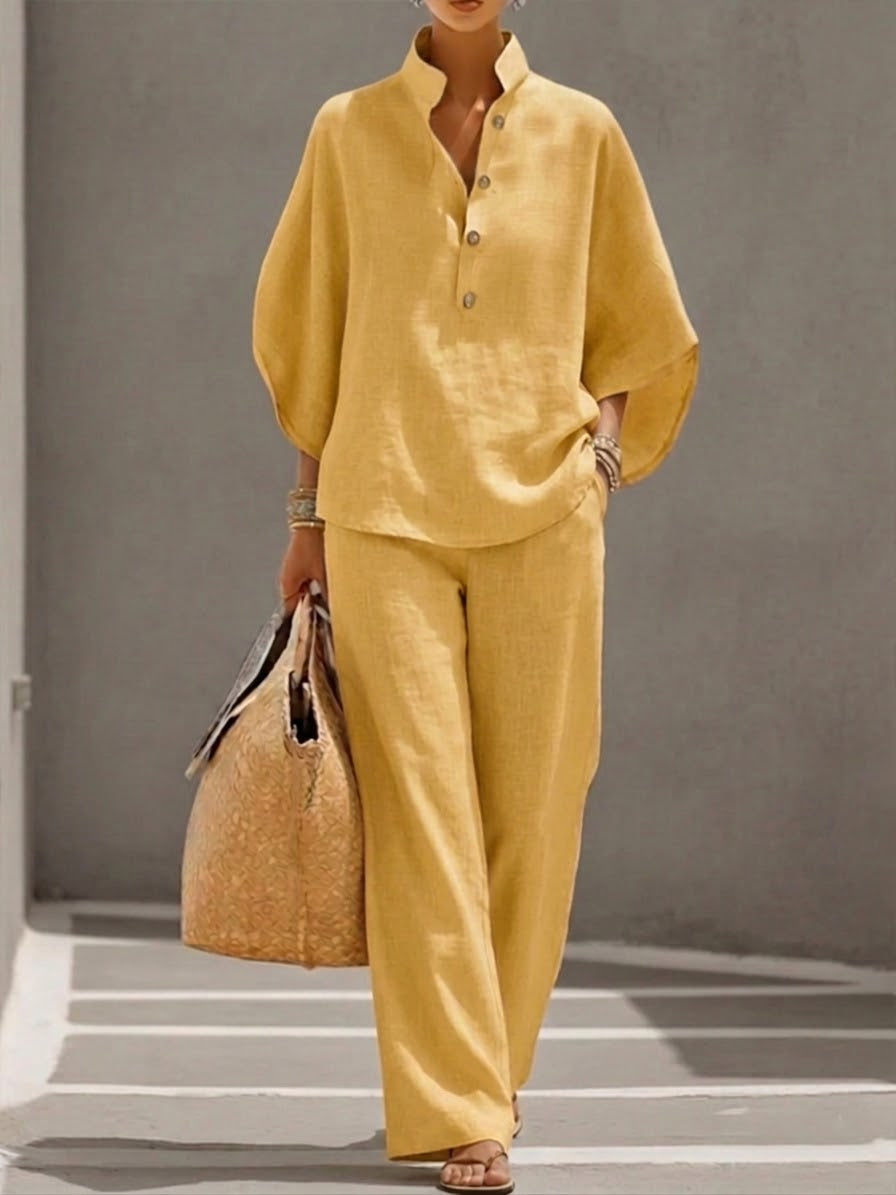 Mariel | Conjunto de lino con mangas de murciélago y pantalones de pierna ancha