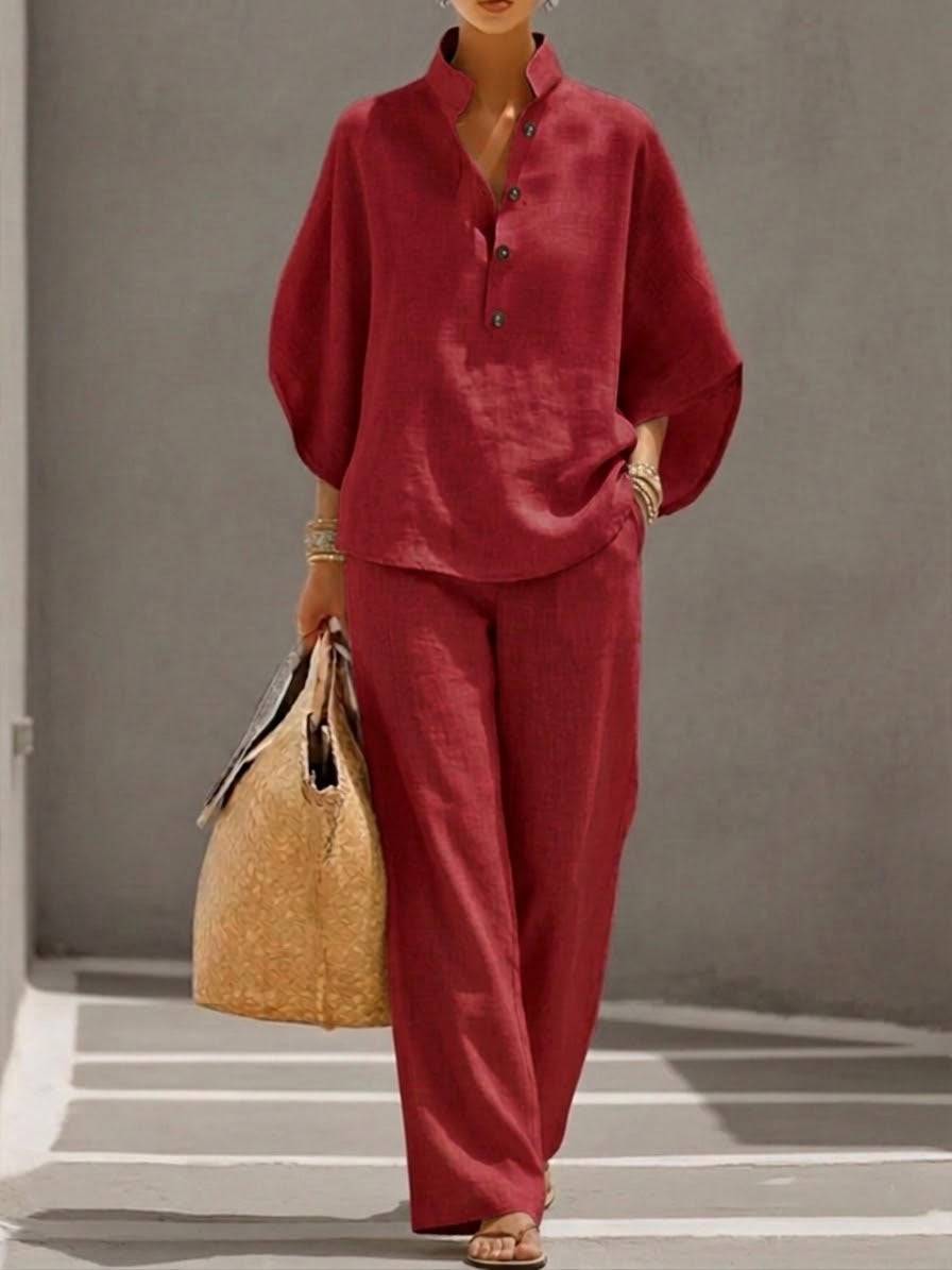 Mariel | Conjunto de lino con mangas de murciélago y pantalones de pierna ancha
