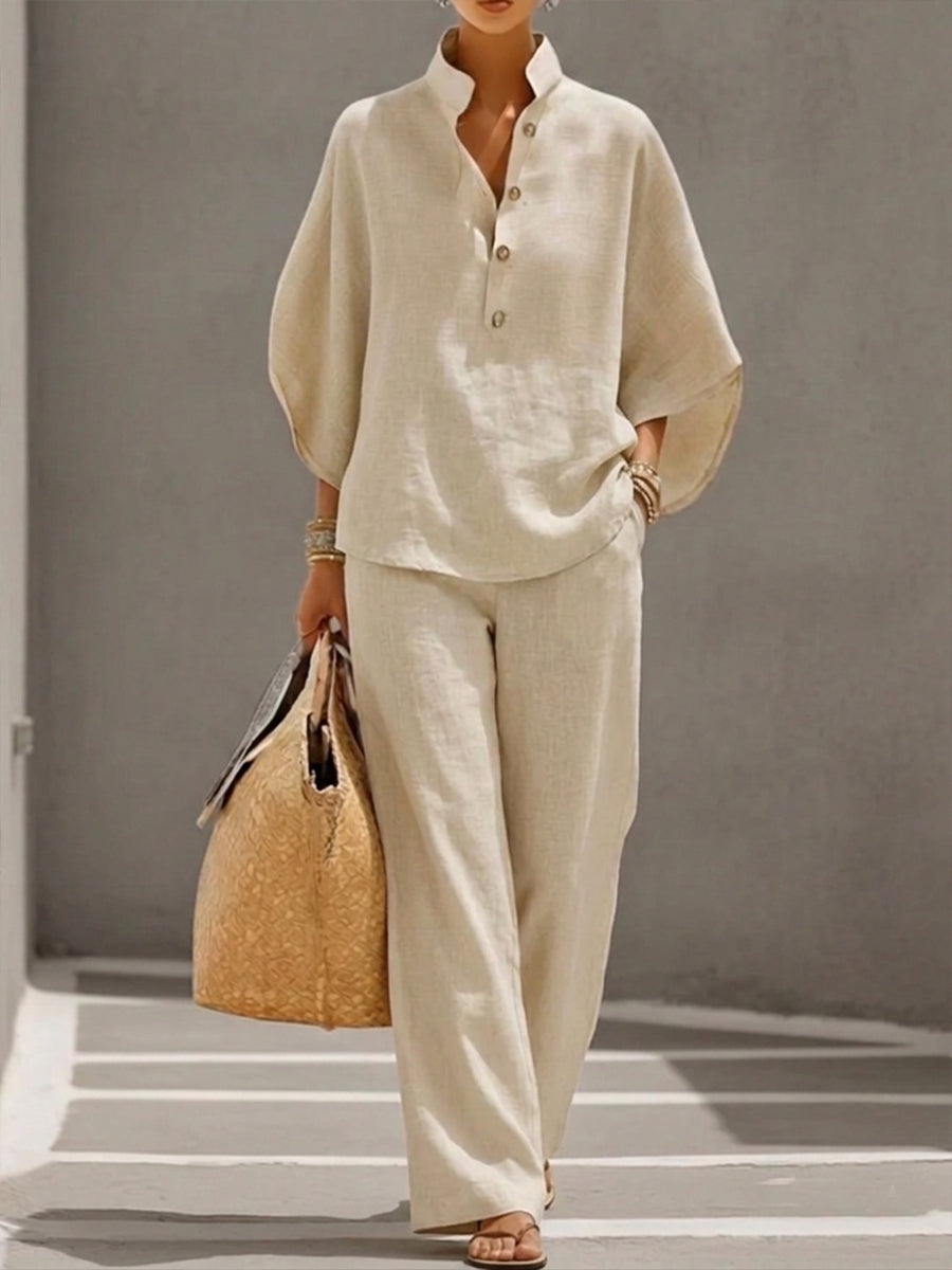 Mariel | Conjunto de lino con mangas de murciélago y pantalones de pierna ancha