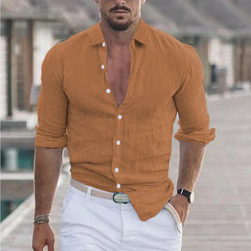 Camisa de lino para hombre con cuello de solapa