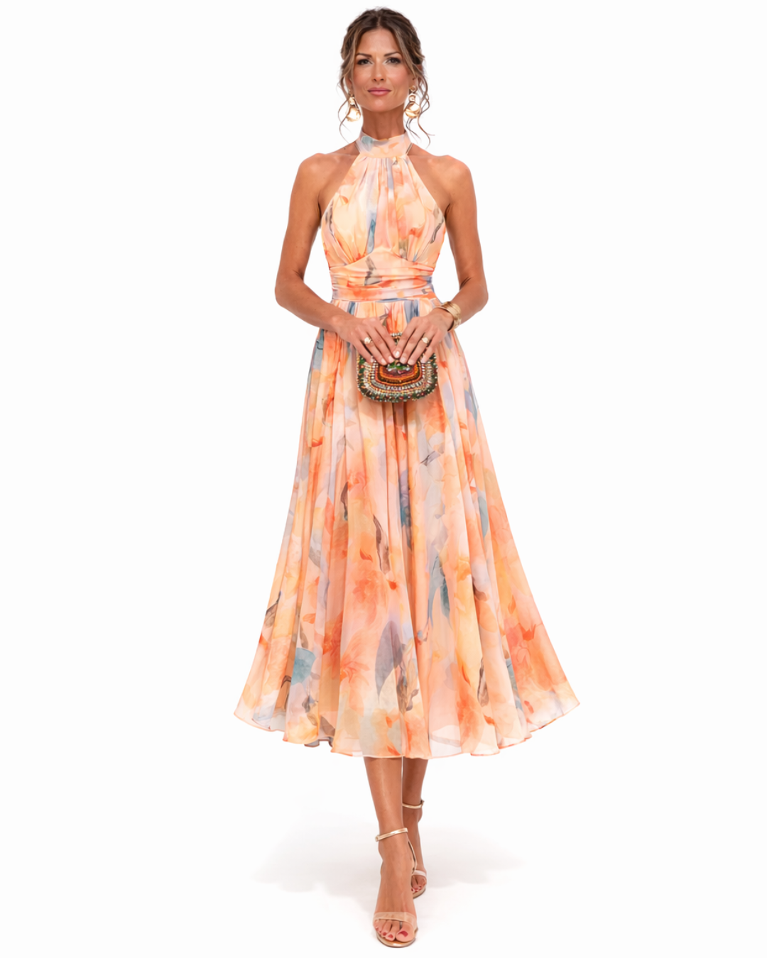 Aurora – Vestido con escote halter y estampado acuarelado
