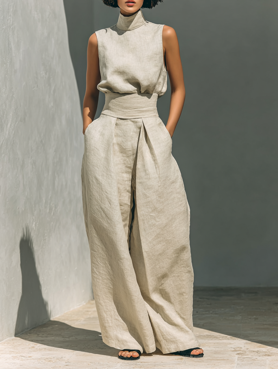 Maria - Conjunto de top sin mangas y pantalón ancho de algodón y lino minimalista para mujer