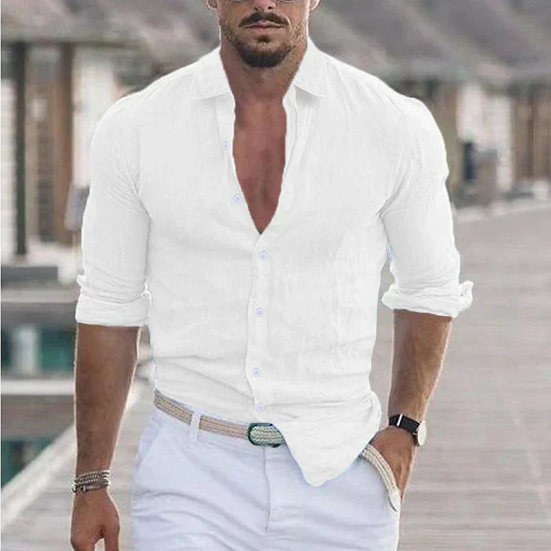 Camisa de lino para hombre con cuello de solapa