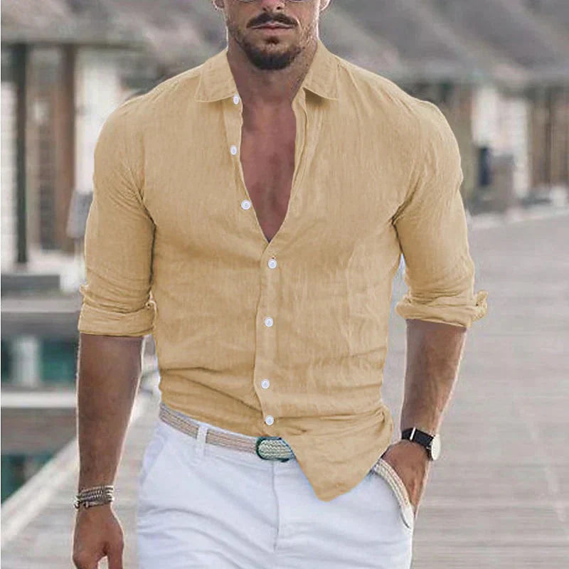 Camisa de lino para hombre con cuello de solapa