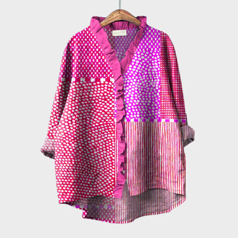 Paula™ | Blusas para mujeres con mangas largas y cierre de botones con cuello en V con volantes