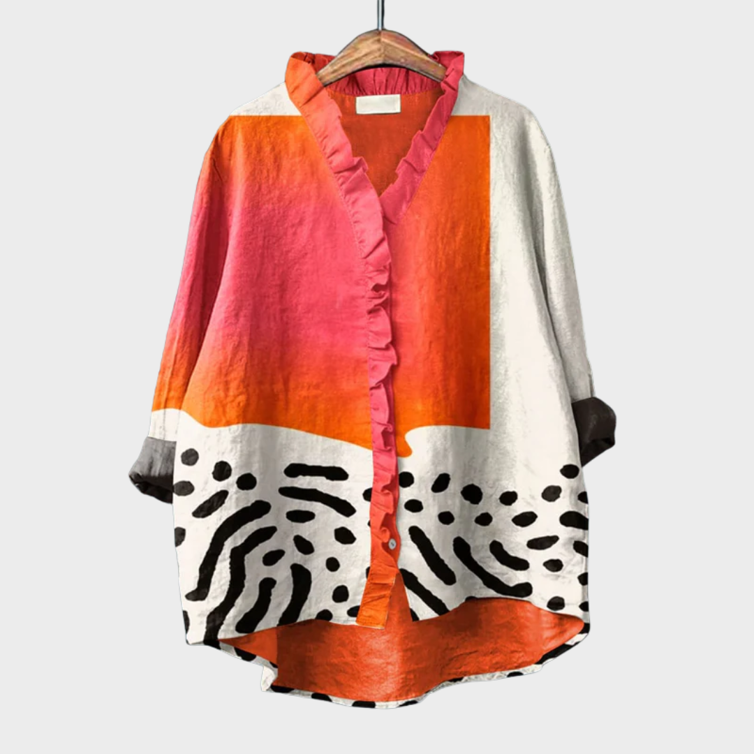 Paula™ | Blusas para mujeres con mangas largas y cierre de botones con cuello en V con volantes