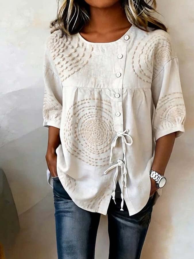 Blusa Celia — Lino Bordado con Detalle de Lazo