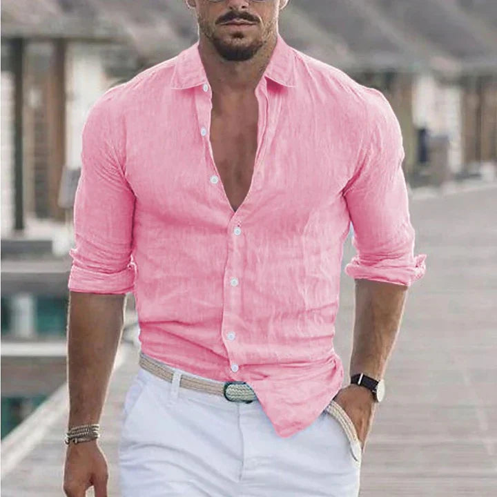 Camisa de lino para hombre con cuello de solapa