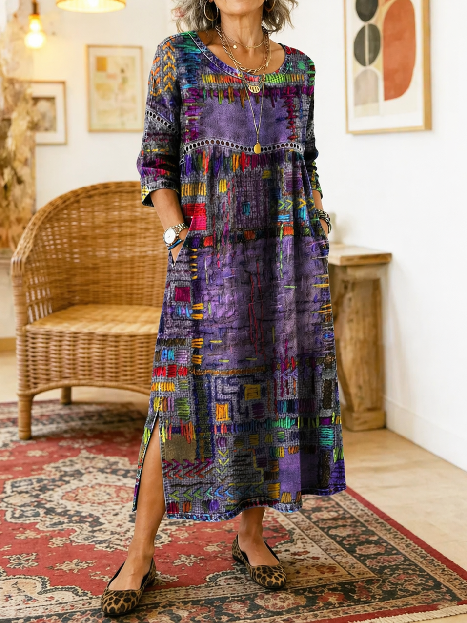 Eryn™ - Vestido Colorido con Patchwork Étnico