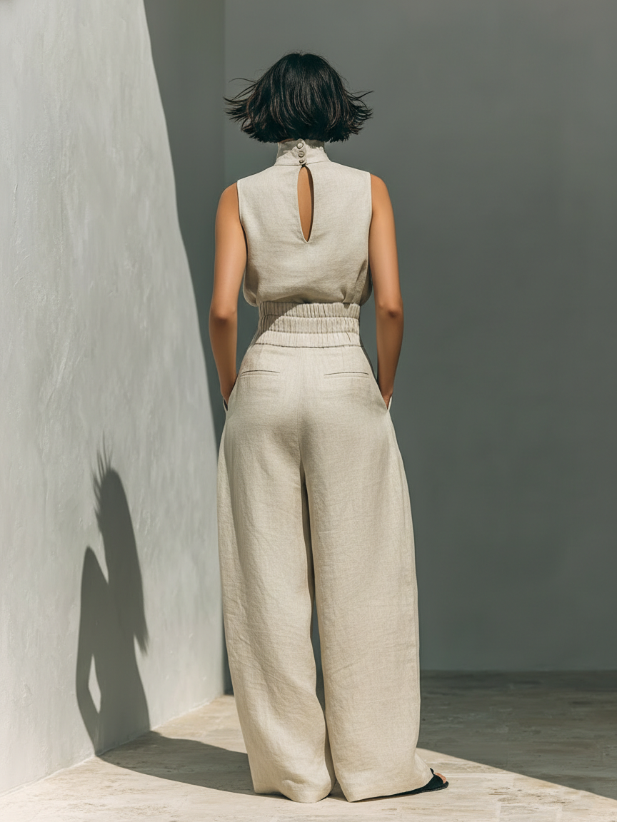 Maria - Conjunto de top sin mangas y pantalón ancho de algodón y lino minimalista para mujer