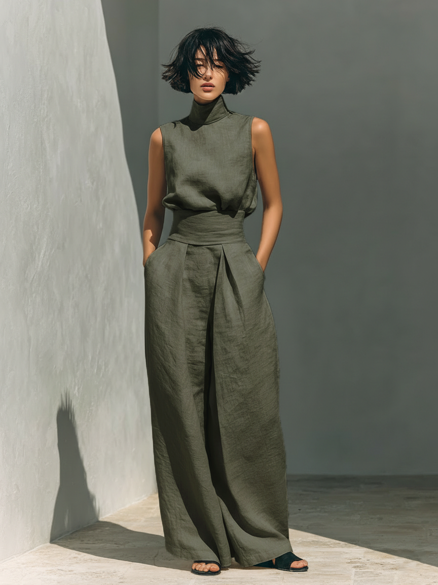 Maria - Conjunto de top sin mangas y pantalón ancho de algodón y lino minimalista para mujer