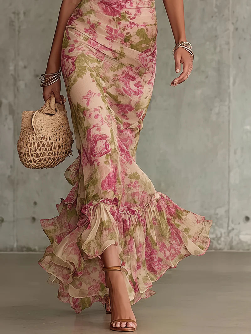 Fiora | Vestido largo con un estampado de rosas vintage y mangas abullonadas