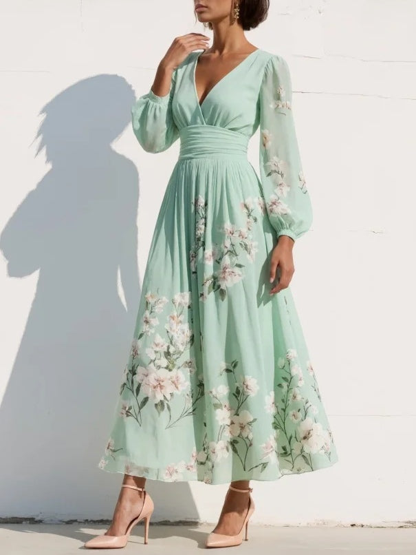 Vestido midi verde claro con escote en V de gasa con flores