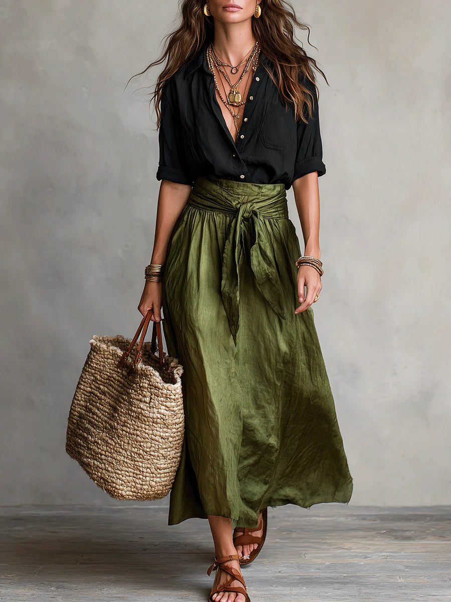 Elena™ | Conjunto de dos piezas: camiseta negra y falda midi verde oliva