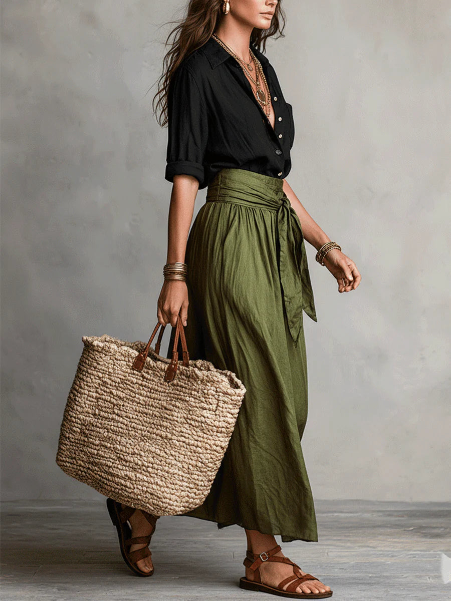 Elena™ | Conjunto de dos piezas: camiseta negra y falda midi verde oliva