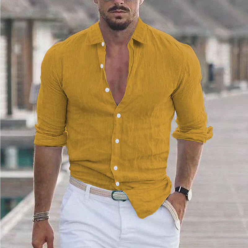 Camisa de lino para hombre con cuello de solapa
