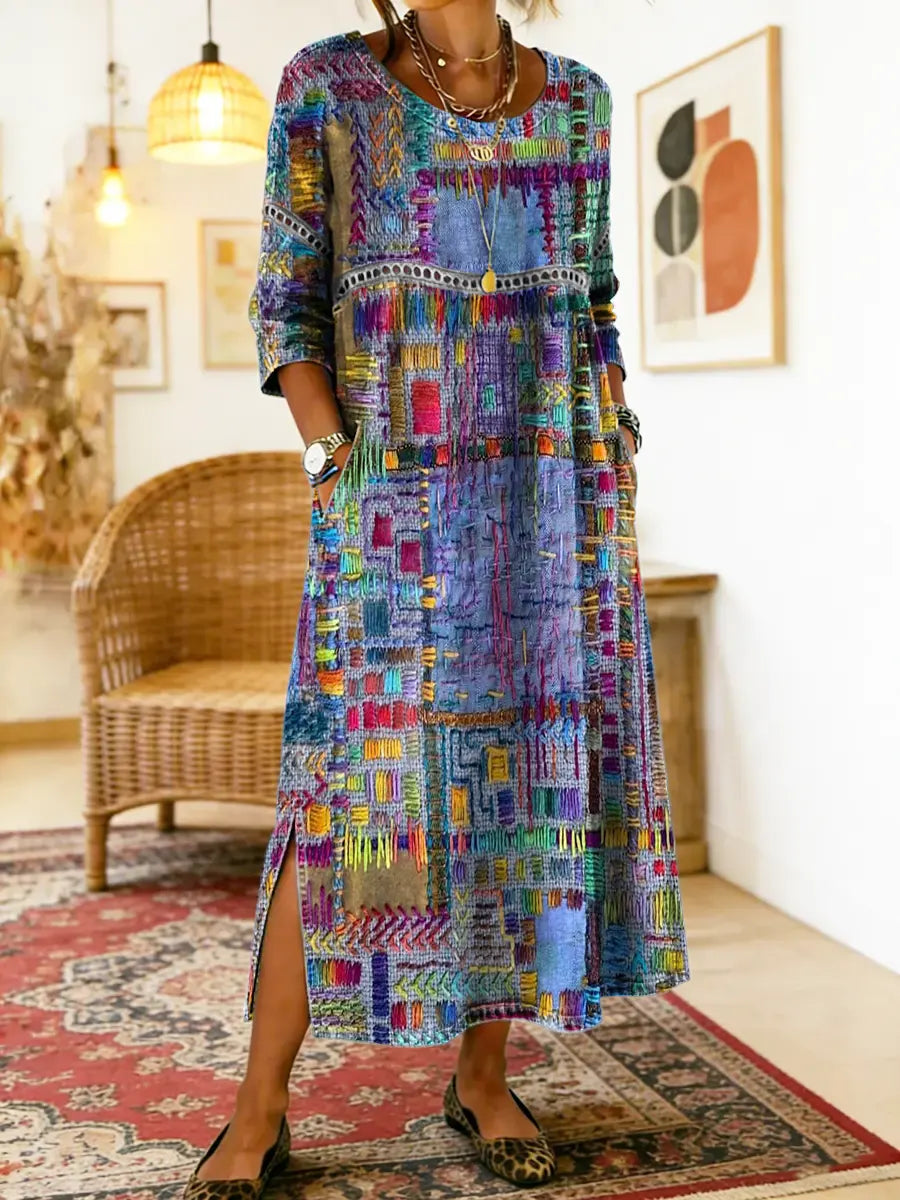 Eryn™ - Vestido Colorido con Patchwork Étnico