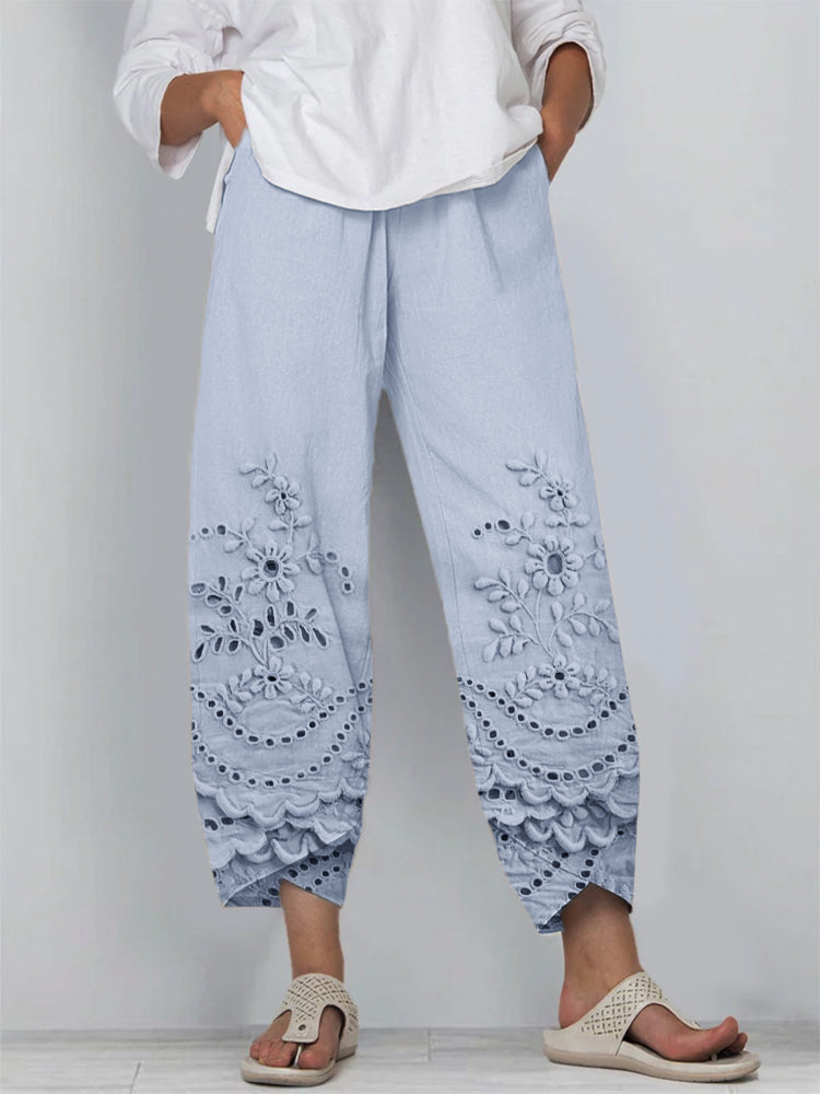 Verena - Pantalones Sueltos de Encaje Floral de Color Sólido