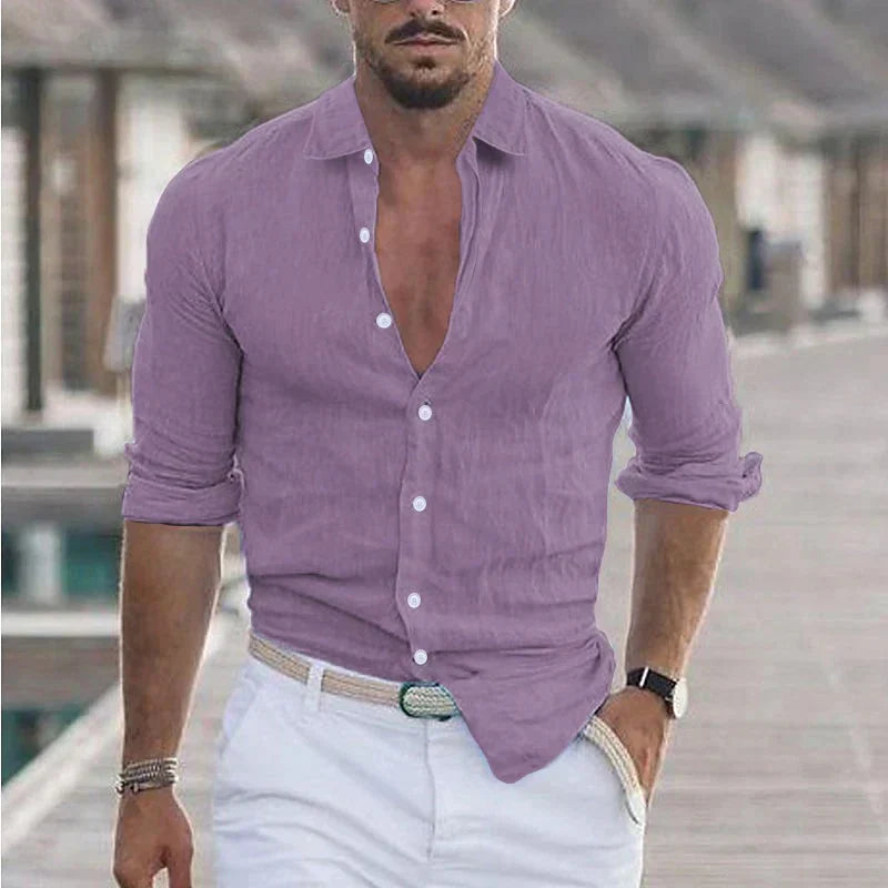 Camisa de lino para hombre con cuello de solapa
