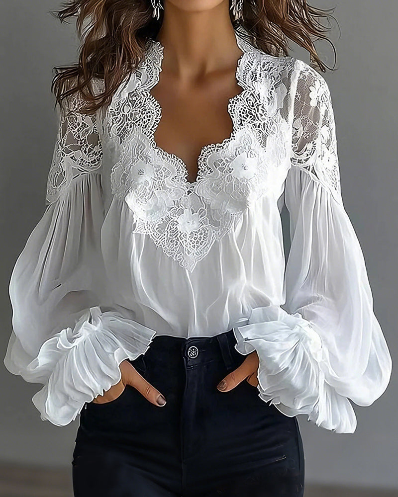 Blusa de Gasa Elegante con Escote de Encaje