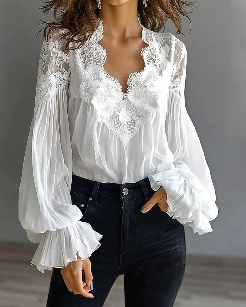 Blusa de Gasa Elegante con Escote de Encaje