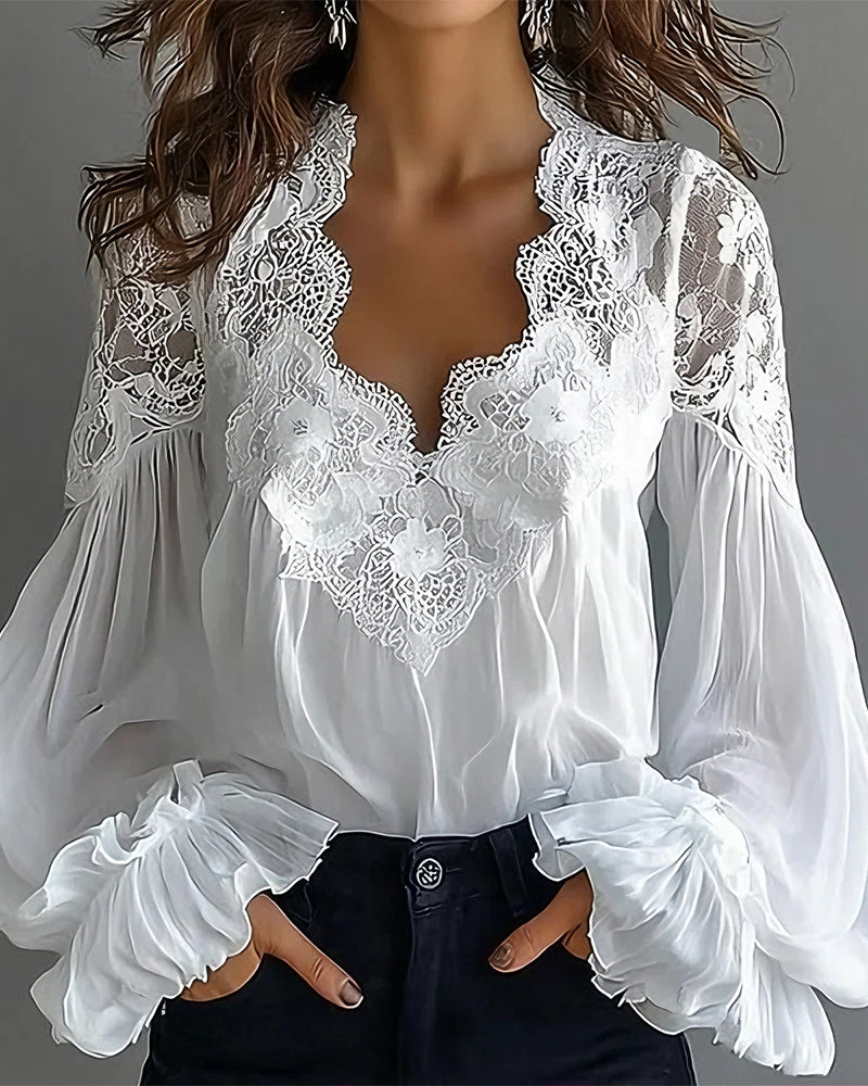 Blusa de Gasa Elegante con Escote de Encaje