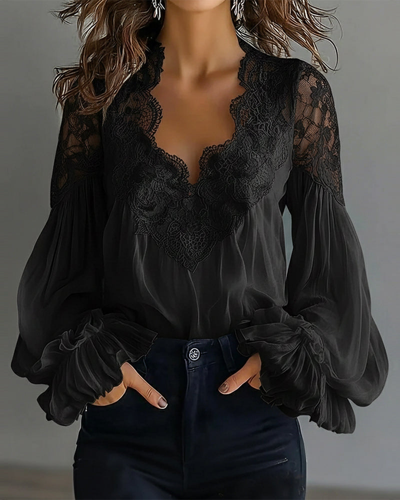 Blusa de Gasa Elegante con Escote de Encaje