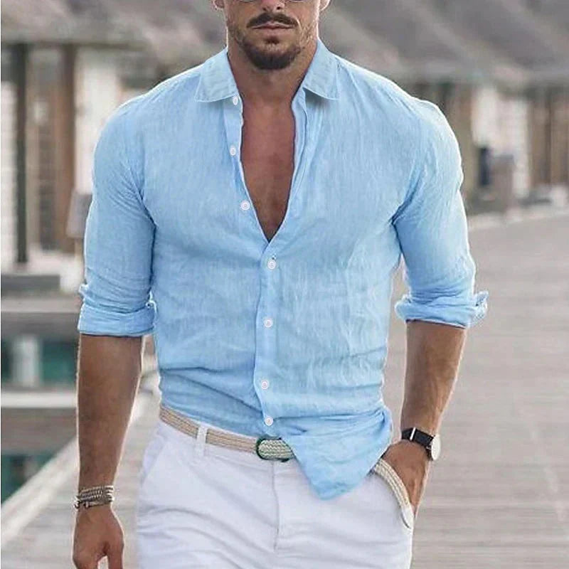 Camisa de lino para hombre con cuello de solapa