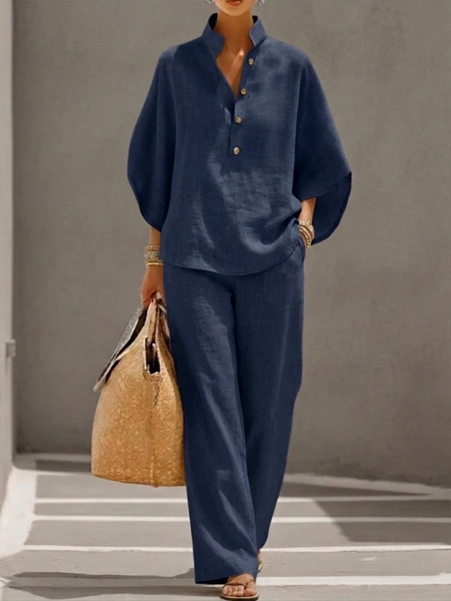 Mariel | Conjunto de lino con mangas de murciélago y pantalones de pierna ancha