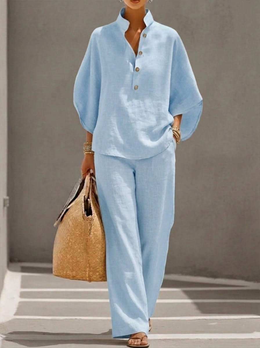 Mariel | Conjunto de lino con mangas de murciélago y pantalones de pierna ancha