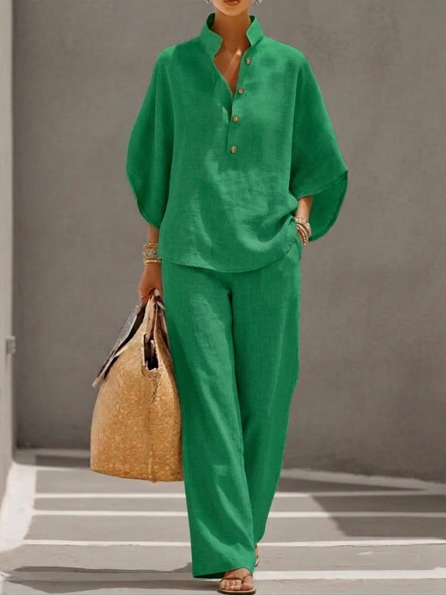 Mariel | Conjunto de lino con mangas de murciélago y pantalones de pierna ancha